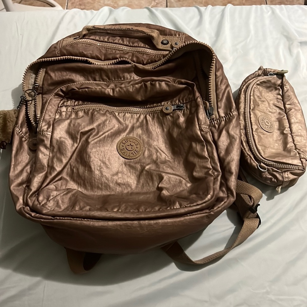 Kipling Gold Backpack + Pencil Bag